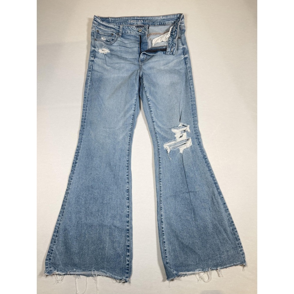 American Eagle Outfitters High Rise Flare Jeans Womens 14 Light Wash Distressed